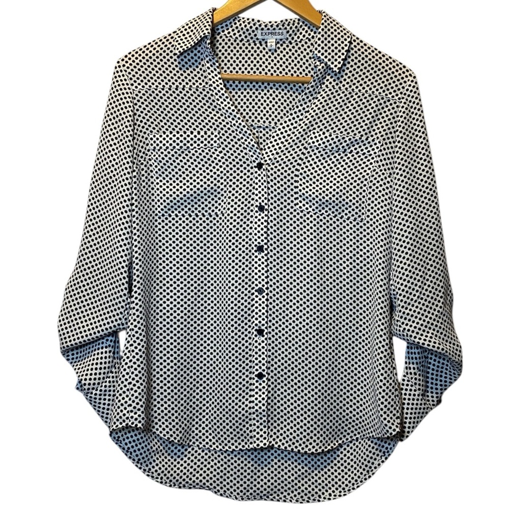 Express Boyfriend Button Up Shirt Women’s Small White Black Polka Dot Roll Tab